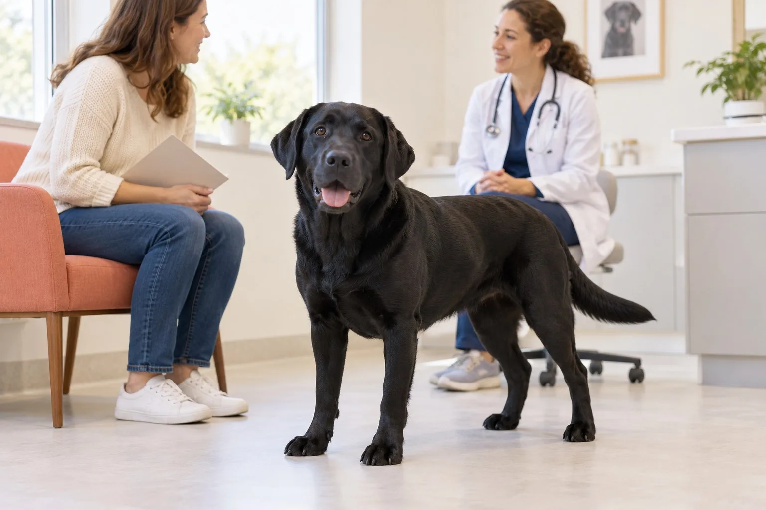 Black dog beside its owner while a veterinarian discusses care in a consultation room